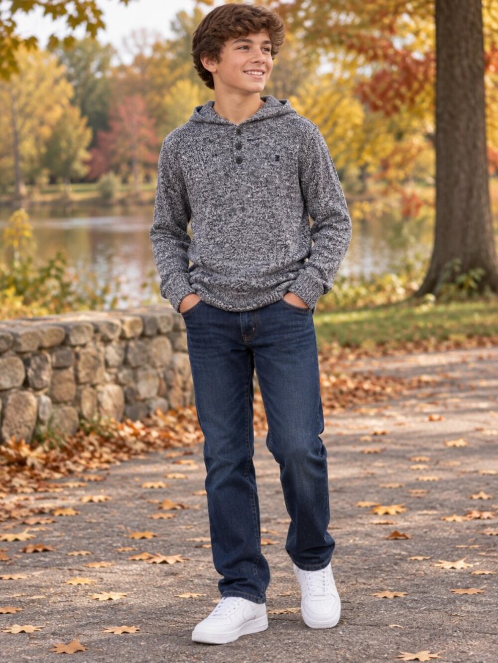 IZOD Boys Large 14/16 Blue Marled Knit Hooded Sweater Pullover qo